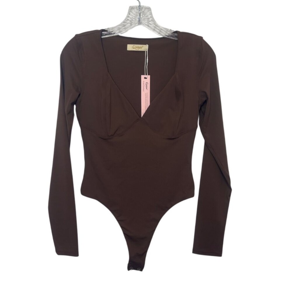 Qinsen Bodysuit Womens Medium Chocolate Brown Long Sleeve New